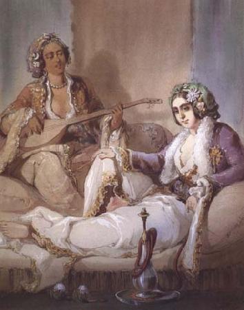 Amadeo Preziosi Femme turque fumant un narguile aquarelle et guache (mk32)